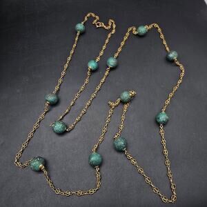 Teal Blue Green Marbled Glass Bead Necklace Gold Tone Chain LONG Vintage